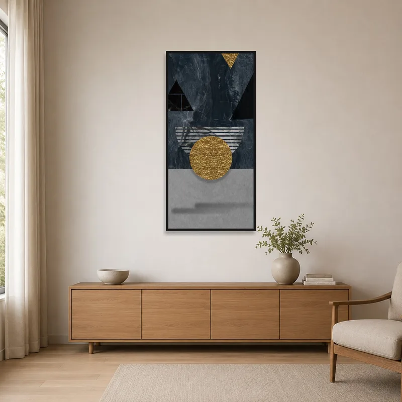 Geometric Sophistication in Dark Hues art print on a minimalist white wall.