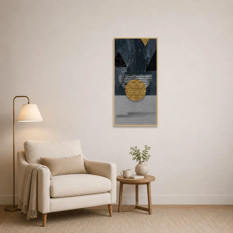 Geometric Sophistication in Dark Hues art print beside a cozy reading chair.