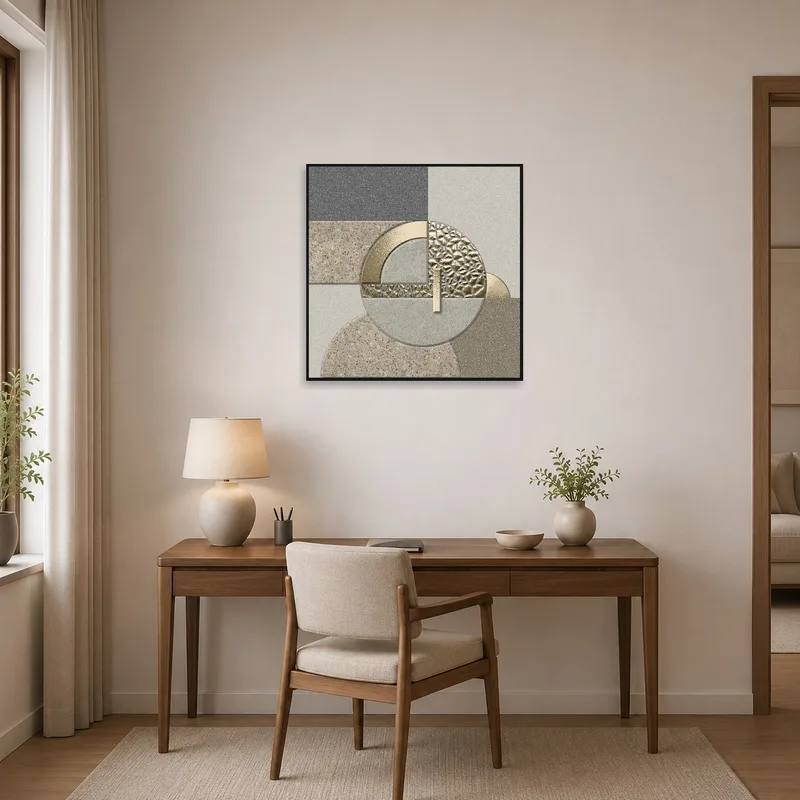 Art piece with stone and gold textures brings an artistic touch to a home office wall.