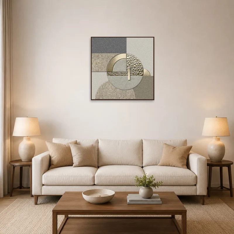 Abstract art with stone and gold textures on a living room wall above a modern sofa.
