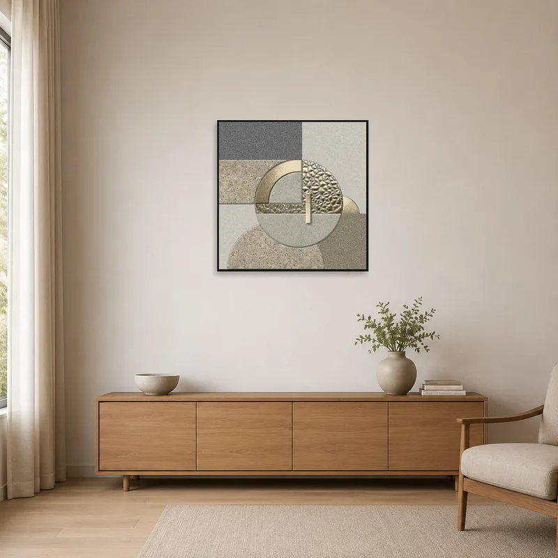Geometric stone and gold art adds contrast to a minimalist room with white walls.