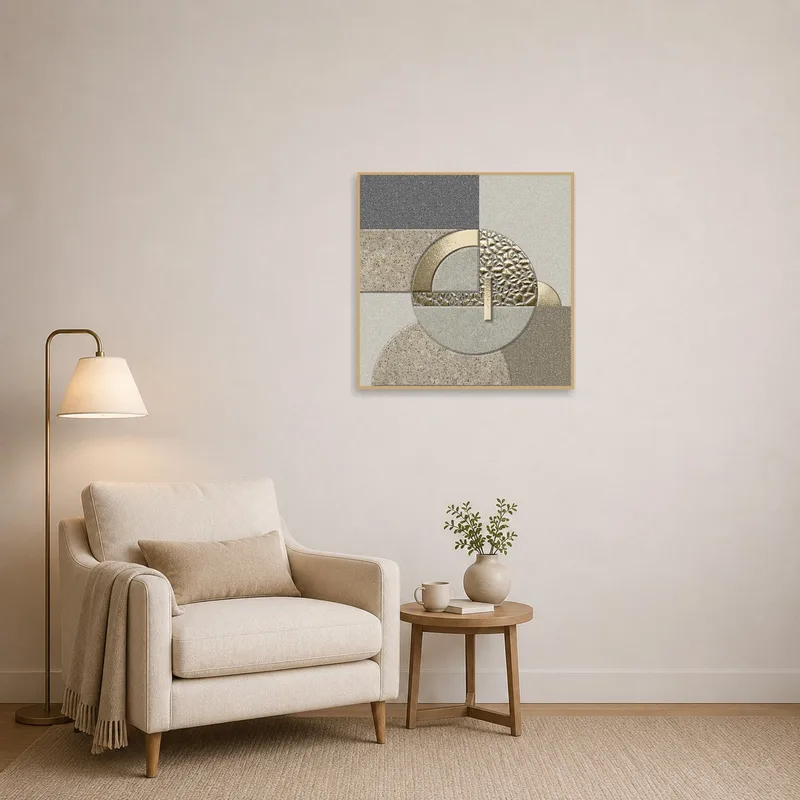 The stone and gold textured art enriches a cozy reading corner with a modern flair.