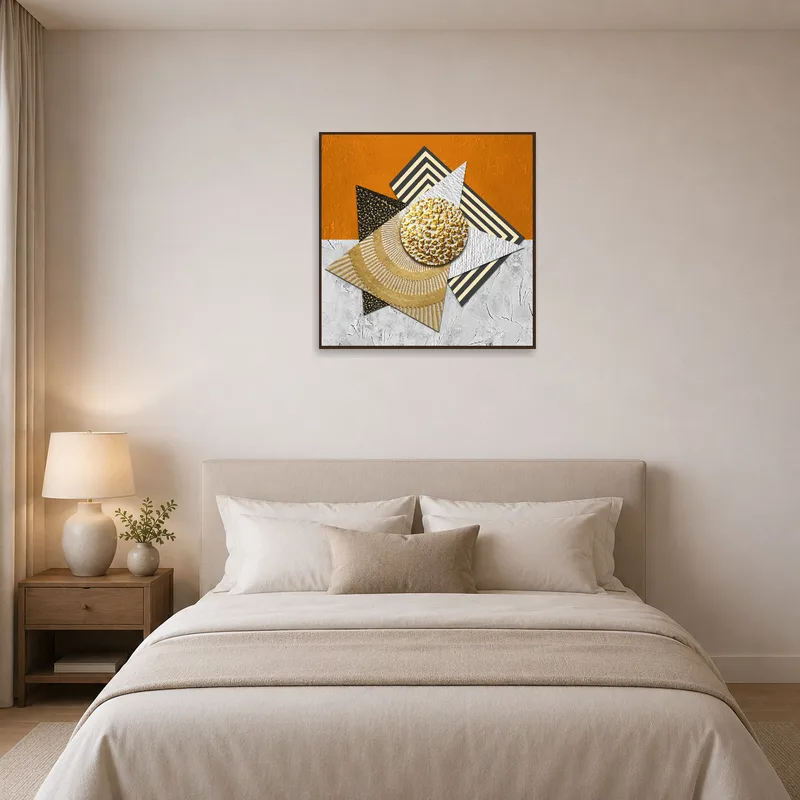 Geometric abstract art bringing a touch of sophistication to a bedroom setting.