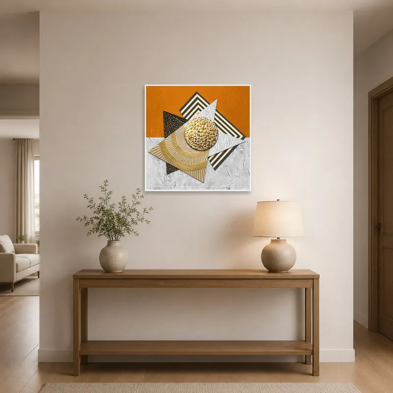 Geometric abstract art piece greeting guests in the entrance hall with unique texture.