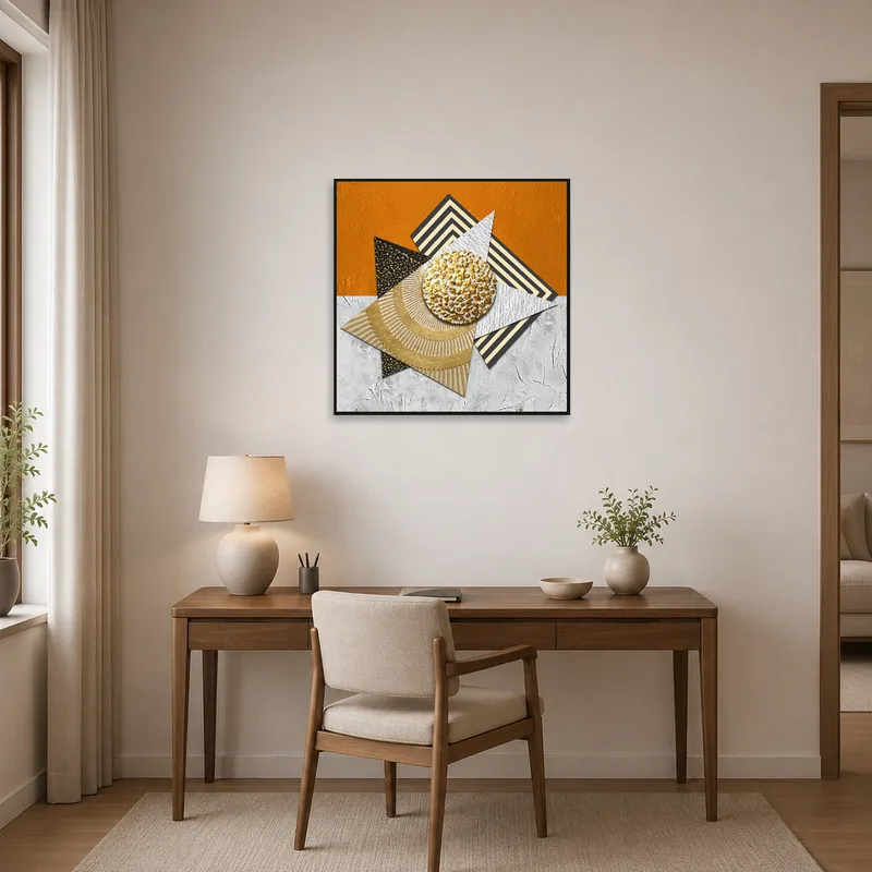 Textured geometric composition infusing creativity into a home office environment.