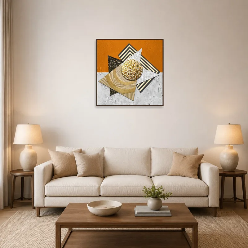 Abstract geometric art in a living room, adding a textured focal point to the space.