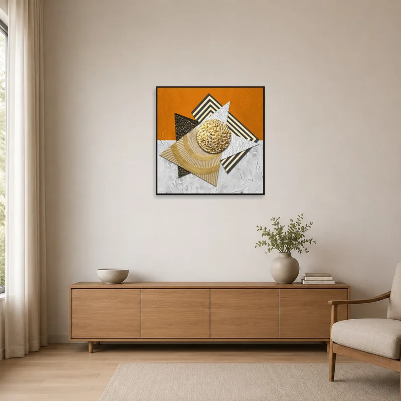 Textured geometric artwork enhancing a minimalist room with bold style.