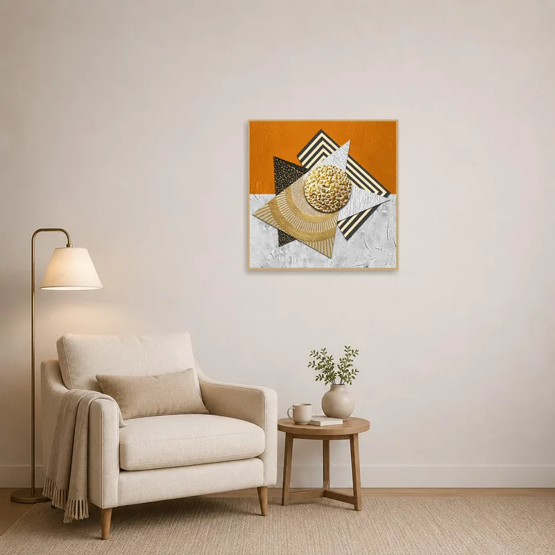 Artwork with textured geometric design adding interest to a cozy reading corner.