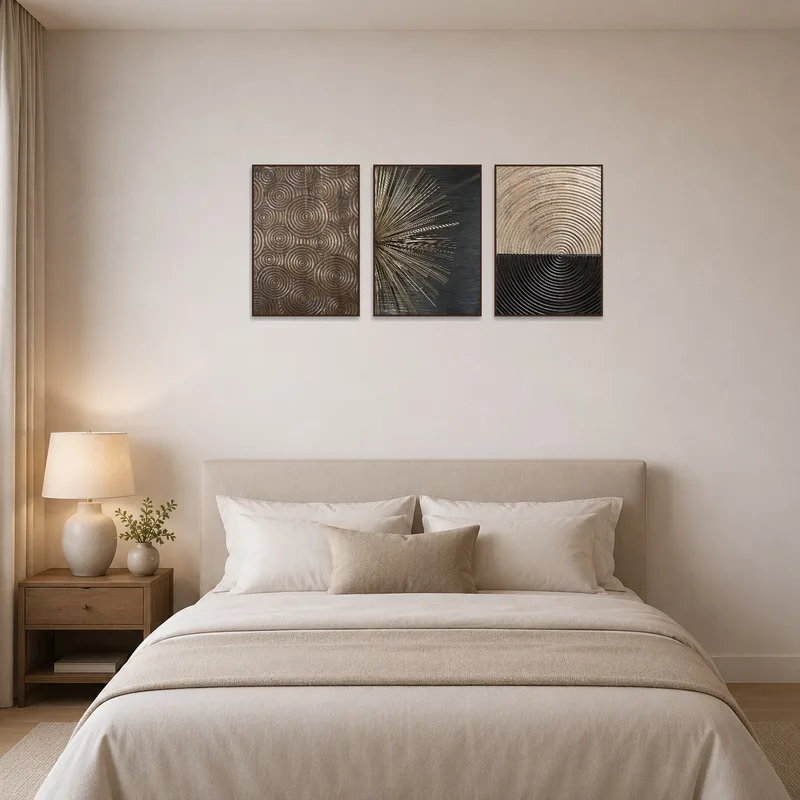Elegant geometric wooden triptych complements the serene vibe of the bedroom.