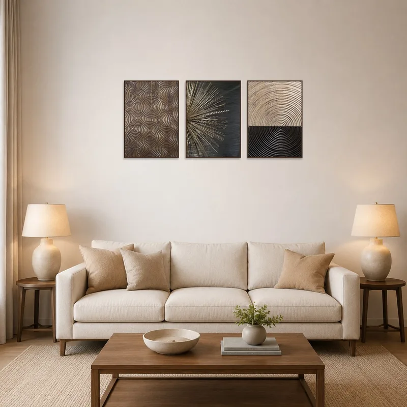 A chic geometric wooden triptych adorns the living room wall above a modern sofa.