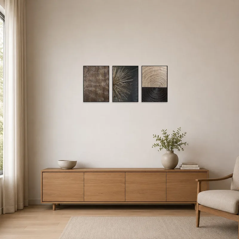 Geometric wooden triptych enhances the simplicity of the minimalist room.