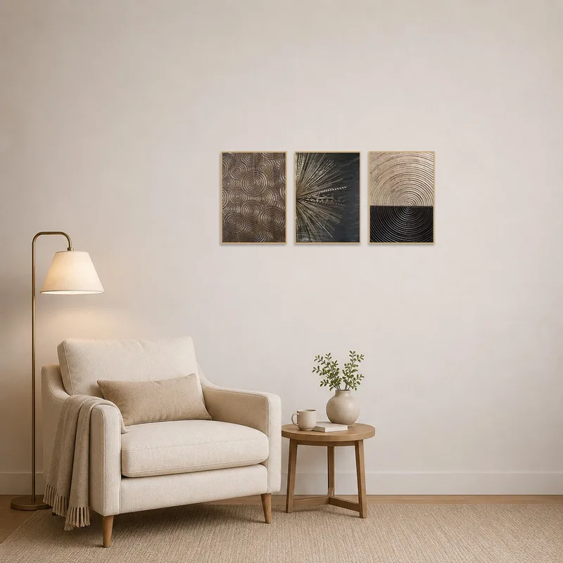 A geometric wooden triptych adds character to the cozy reading corner.
