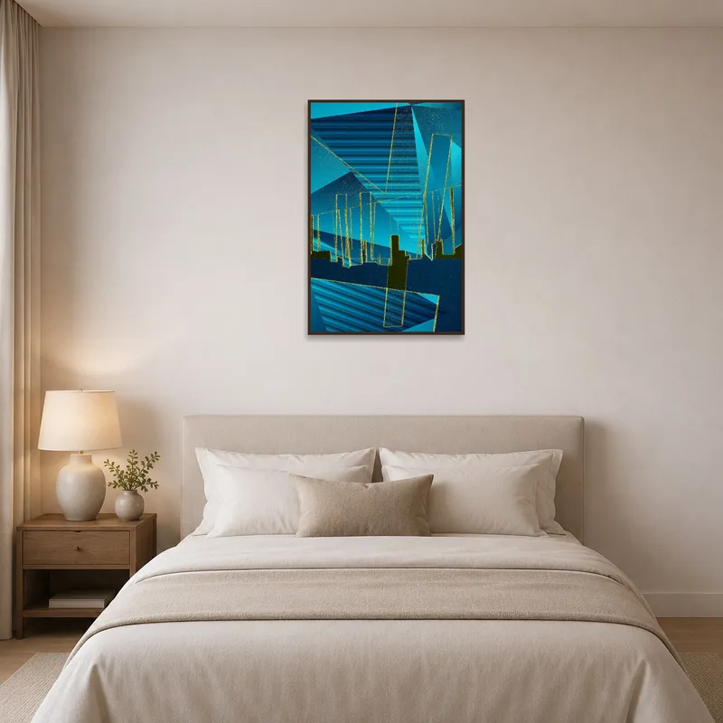 The bedroom features a calming cityscape in vibrant blue, offering a modern feel.