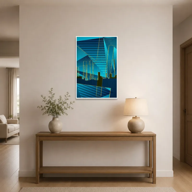 Vibrant blue geometric cityscape hanging in the entrance hall, adding a contemporary touch.
