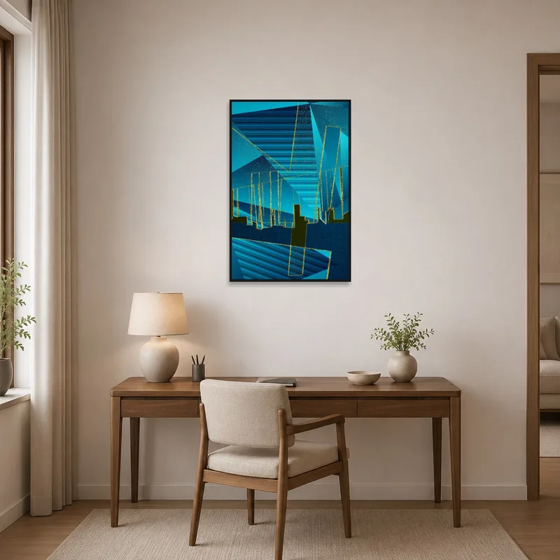 A striking blue geometric cityscape artwork adds energy to a home office wall.