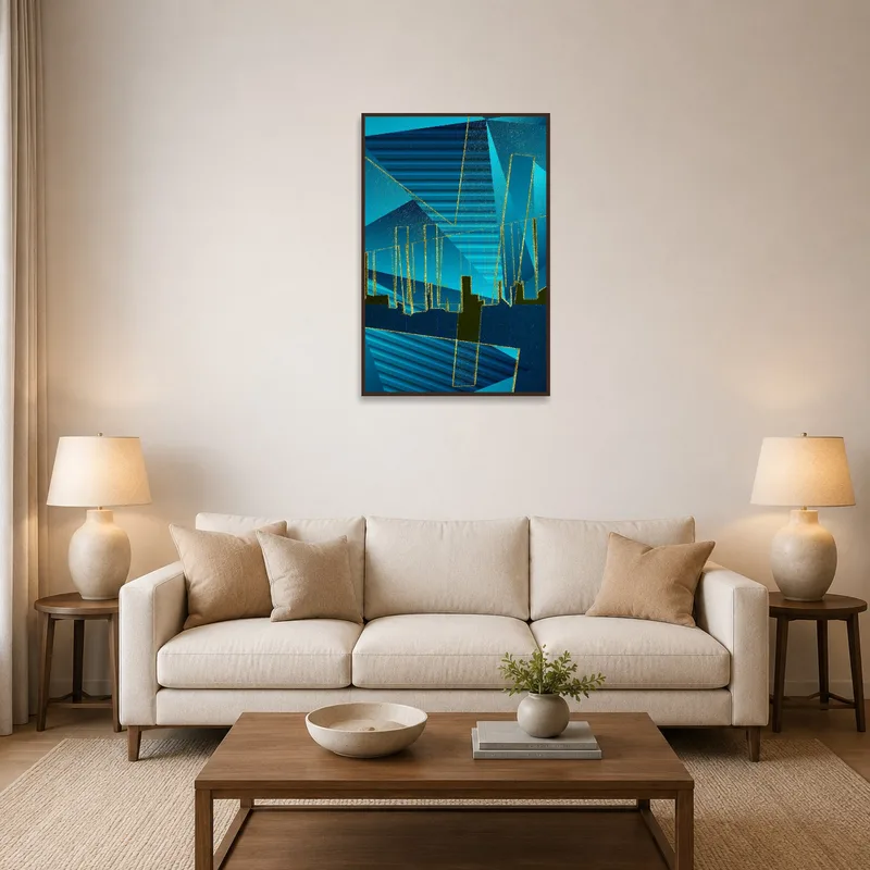 A geometric urban landscape with vibrant blue tones displayed above a modern living-room sofa.