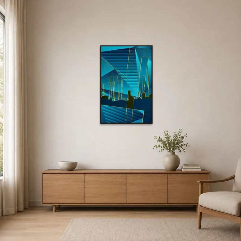 Geometric urban landscape artwork with bold blue tones in a minimalist style room.