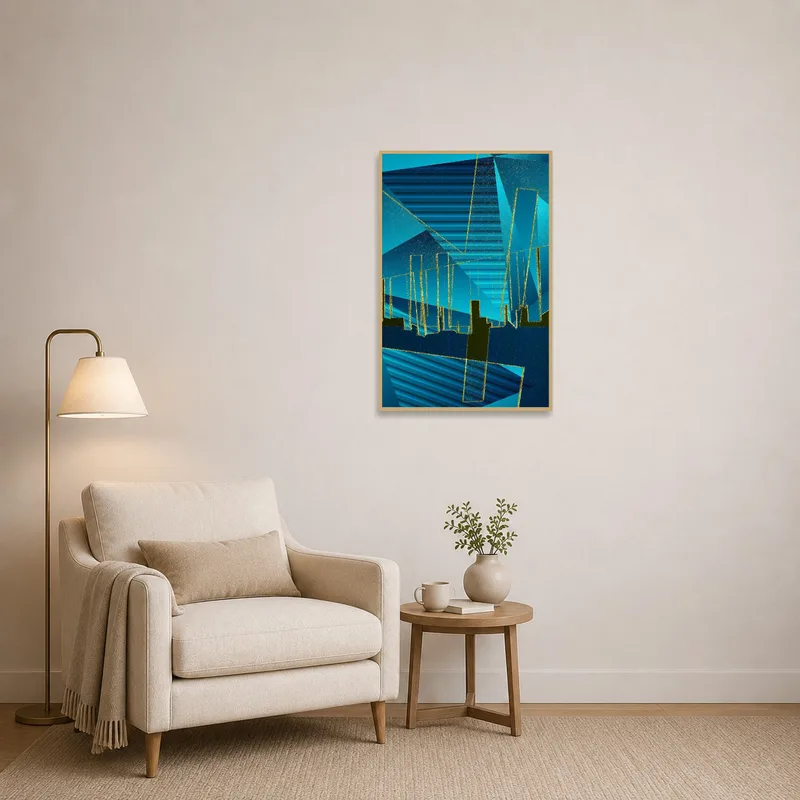 Geometric urban artwork in blue tones enhances a cozy reading corner's aesthetic.