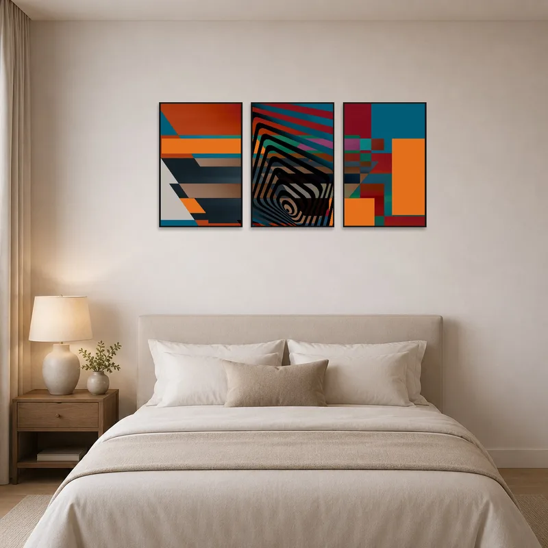 Vibrant geometric art set enhances the serene atmosphere of a bedroom.