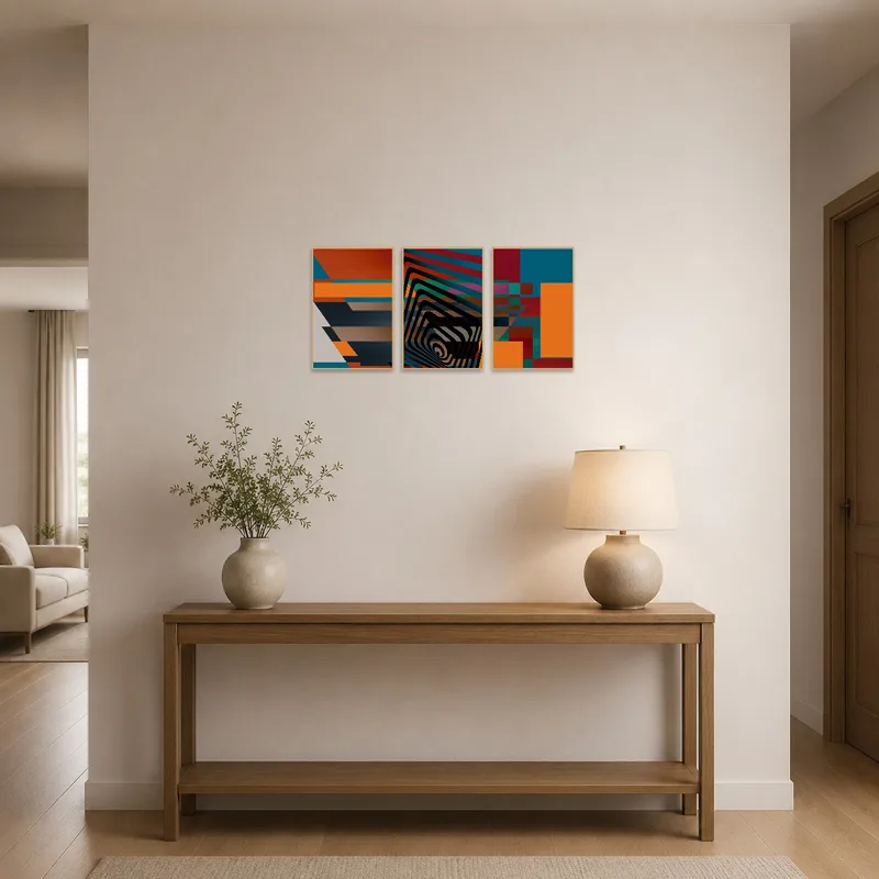 Colorful geometric triptych art welcoming guests in an entrance hall.