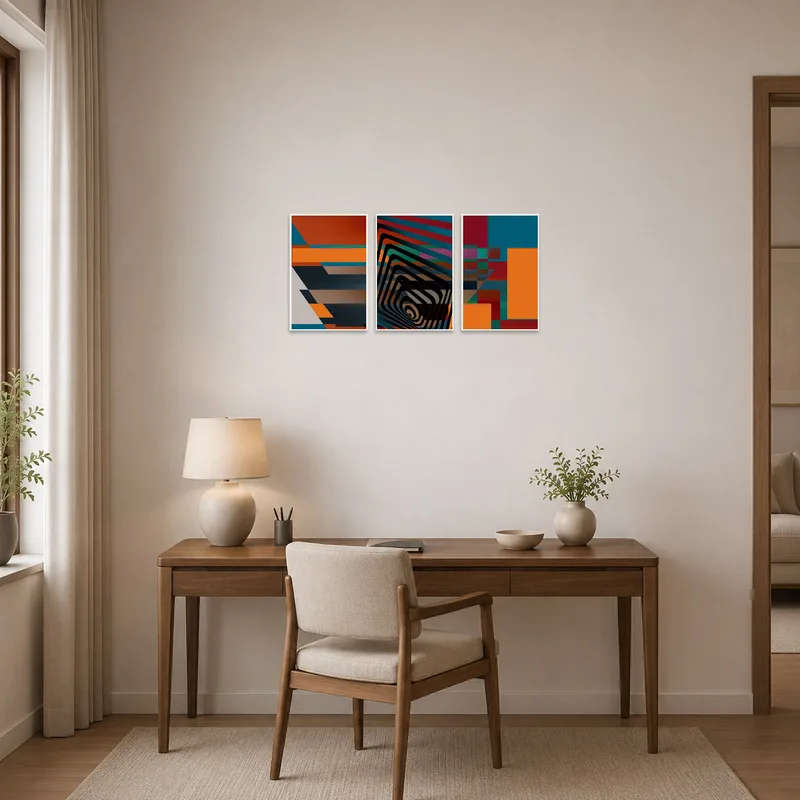 Geometric triptych art set energizing a focused home office space.