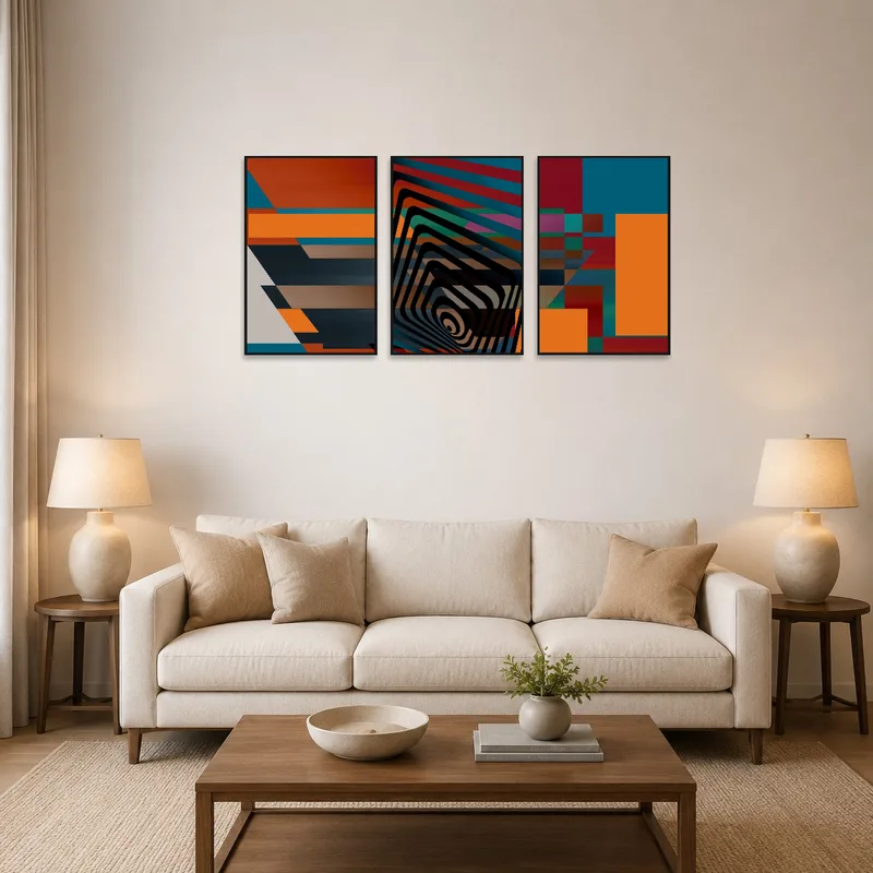 Geometric vibrant art set displayed in a modern living room setting.