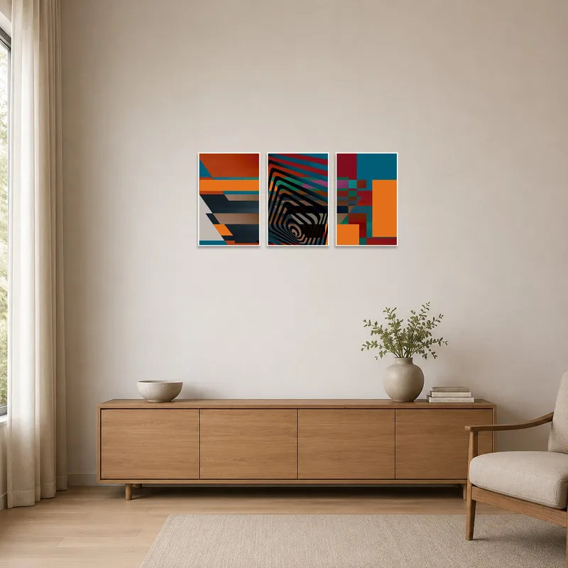 Vibrant geometric triptych art adding color to a minimalist room.