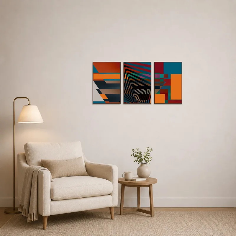 Geometric triptych art set brings energy to a cozy reading corner.