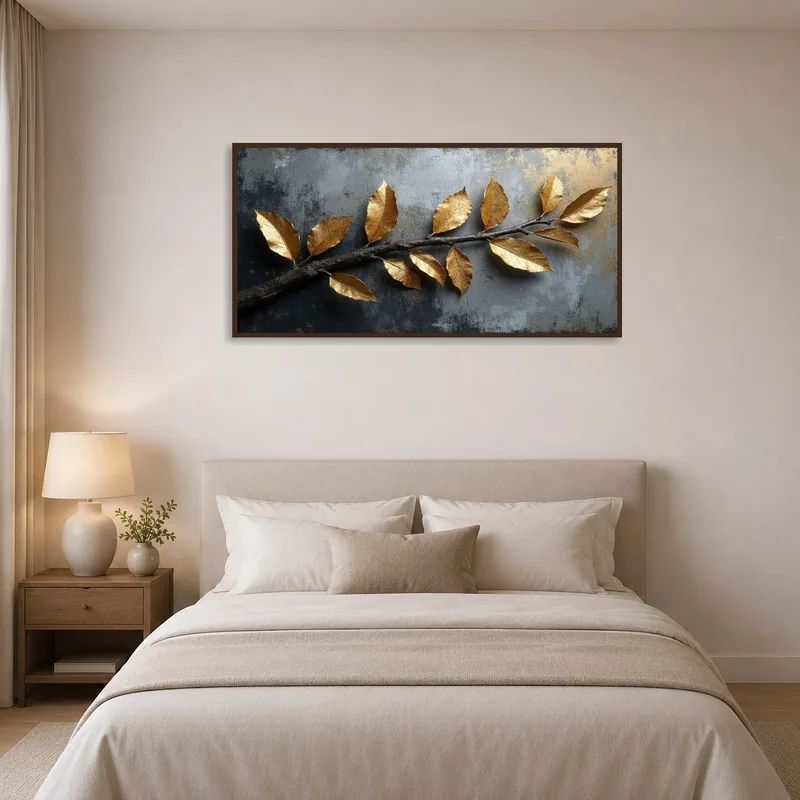 Gilded botanical branch art adding elegance above a bed in a calm bedroom.