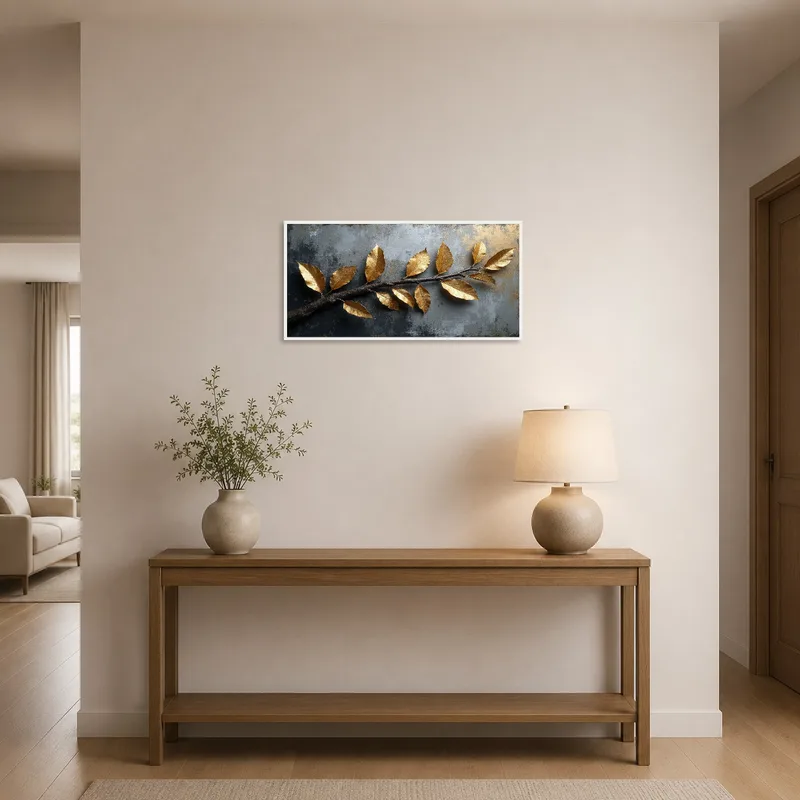Gilded botanical branch art welcoming guests in a chic entrance hall.