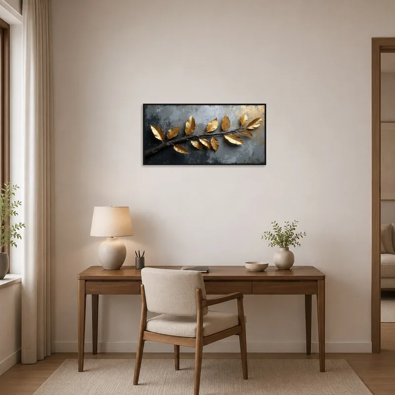 Gilded botanical branch art inspiring creativity in a bright home office.