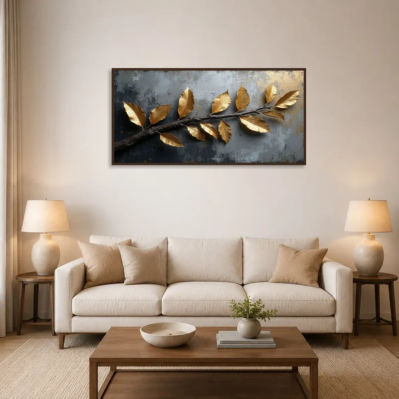 Gilded botanical branch art above a modern sofa in a stylish living room.