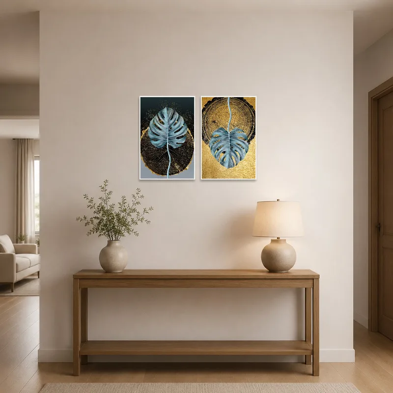 Entrance hall featuring elegant monstera leaf prints with gold accents.