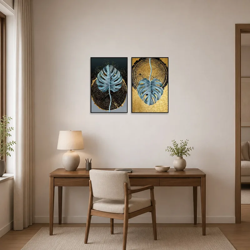 Home office enhanced by sophisticated prints of golden monstera leaves.