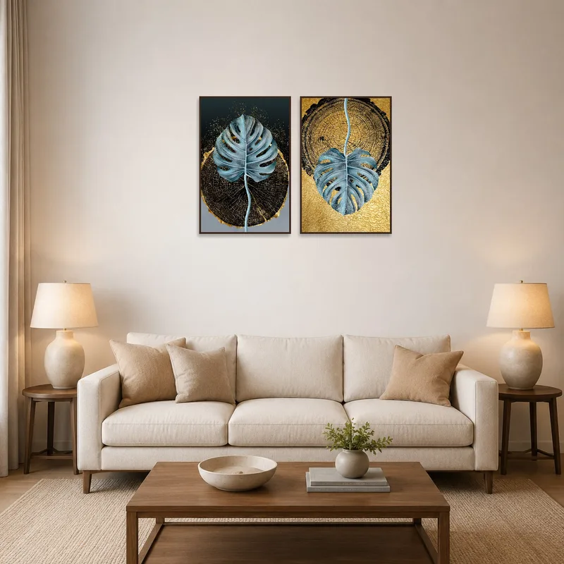 Gilded botanical prints with monstera leafs in a cozy living room setting.