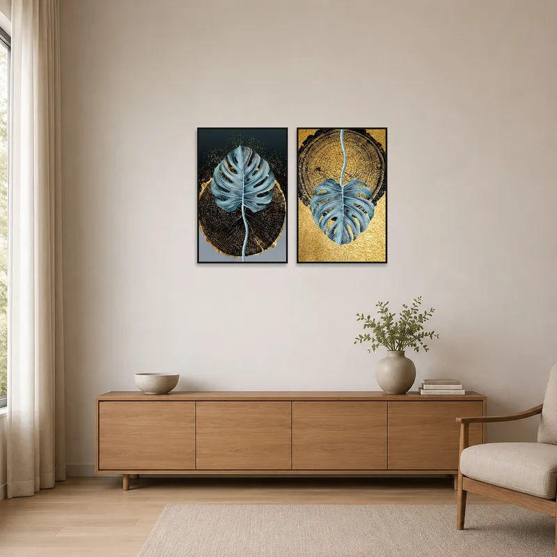 Simple space adorned with golden monstera leaf prints.