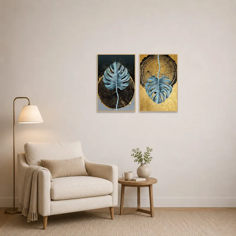 A reading corner highlighted by gilded monstera leaf artwork.