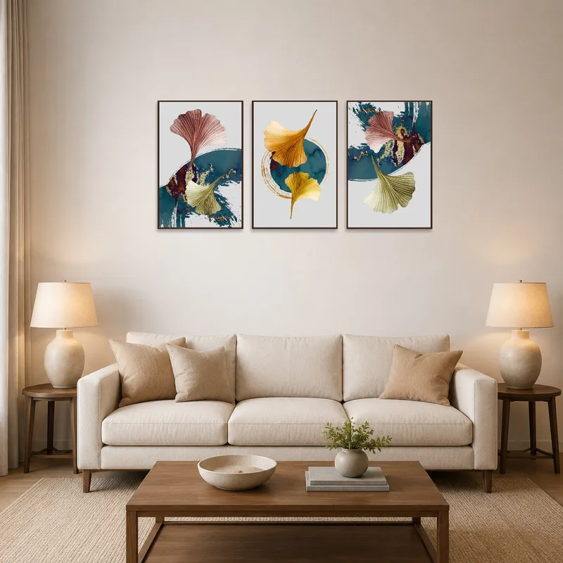 Ginkgo leaf abstract art in earthy tones hanging over a modern living room sofa.