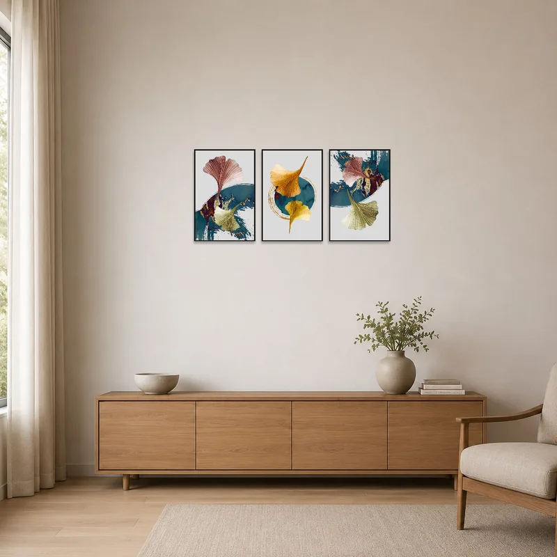 Abstract ginkgo leaf set in earthy colors on a clean, minimalist wall.