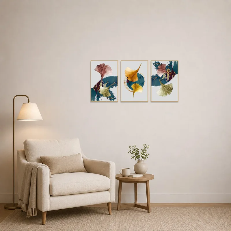 Cozy reading corner adorned with abstract ginkgo leaf art in warm hues.