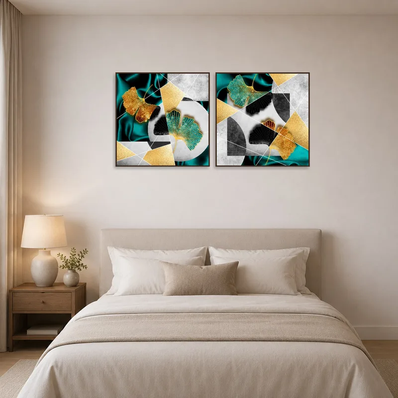 Ginkgo Leaf Geometric Art Duo bringing elegance to a bedroom above the headboard.