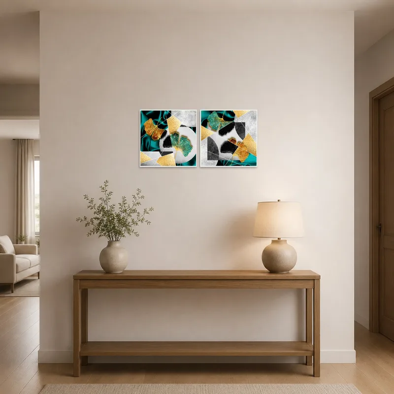 Ginkgo Leaf Geometric Art Duo brightening an entrance hall with its geometric patterns.