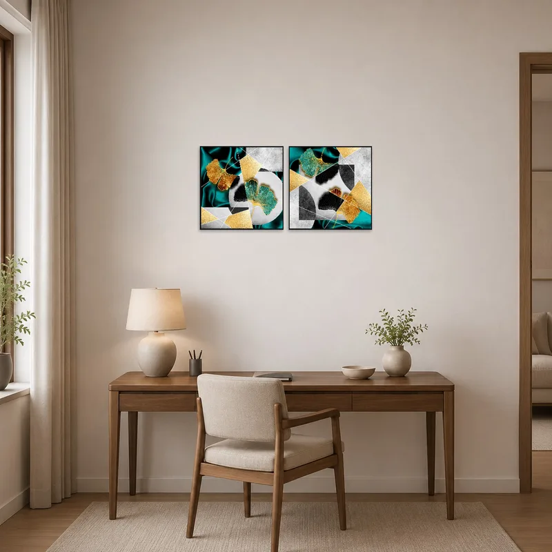 Ginkgo Leaf Geometric Art Duo adding inspiration to a home office over the desk.