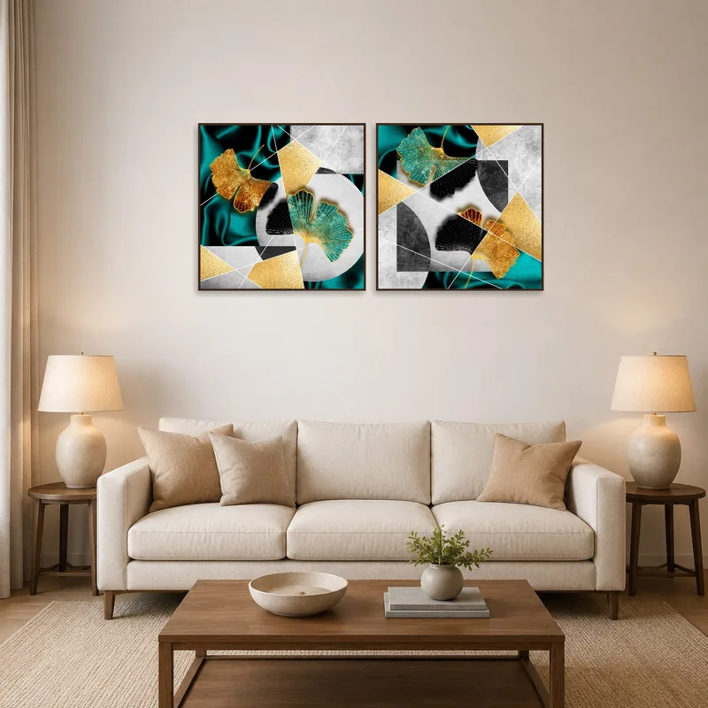 Ginkgo Leaf Geometric Art Duo on a living room wall above a modern sofa.