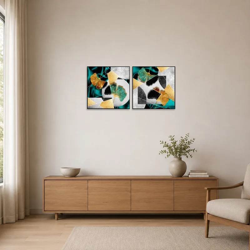 Ginkgo Leaf Geometric Art Duo in a minimalist space with sparse furnishings.