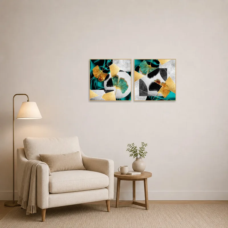 Ginkgo Leaf Geometric Art Duo creating a focal point in a cozy reading corner.