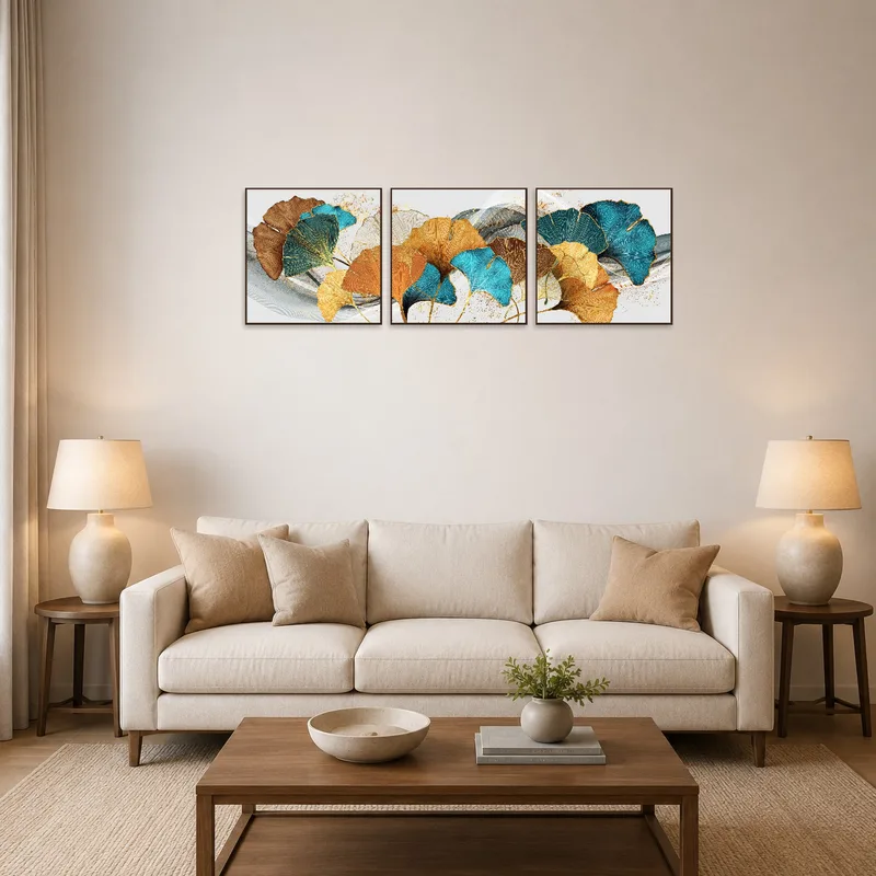 Ginkgo Leaves Abstract Triptych adorning a stylish living room above a modern sofa.