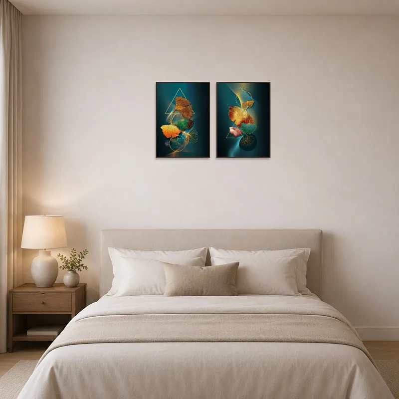 Ginkgo Leaves print set adds elegance to a calm bedroom environment.