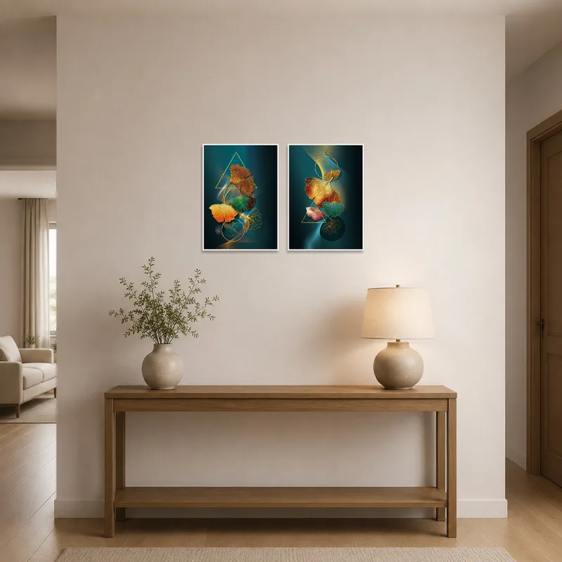 Ginkgo Leaves print set welcomes guests in a stylish entrance hall.