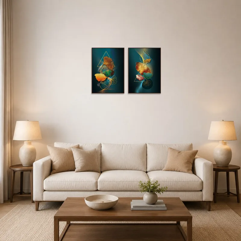 Ginkgo Leaves print set on the wall above a modern sofa in a cozy living room.